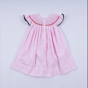 Red character hand smocked plaid ruffle dress