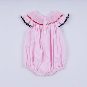 Red character hand smocked plaid ruffle bubble