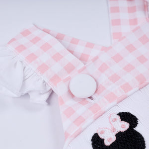 Pink character hand smocked gingham ruffle bubble