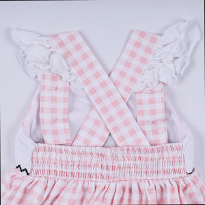 Pink character hand smocked gingham ruffle bubble