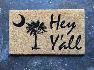 Purple Turtle Gifts 18x30 in Coir Welcome Doormat - Hey Y'all with Palmetto Moon South Carolina SC Flag Logo (CC-10552)