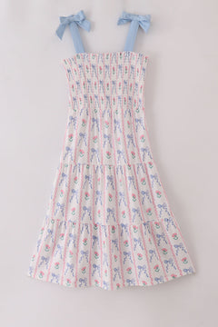 Blue floral bow print smocked mom dress