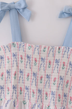 Blue floral bow print smocked mom dress