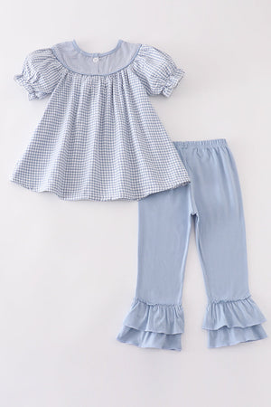 Blue woven check pumpkin embroidery girl set