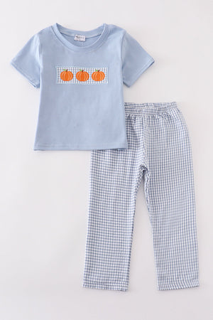 Blue woven check pumpkin embroidery boy set