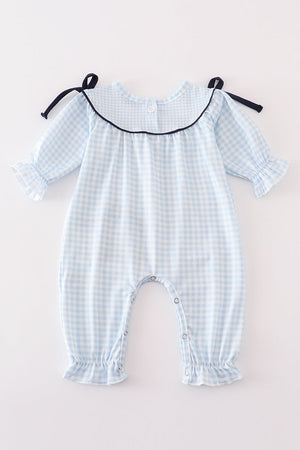 Navy plaid nativity embroidery girl romper