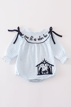 Navy plaid nativity embroidery girl bubble
