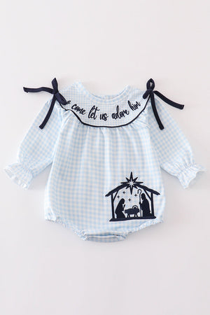 Navy plaid nativity embroidery girl bubble