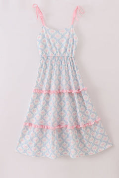 Pink bow print ruffle mom dress