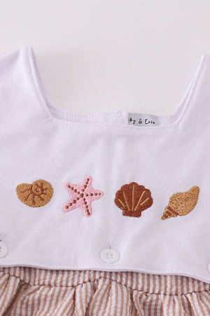 Brown Shell Starfish Embroidered Seersucker Dress