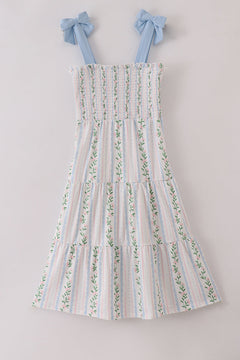 Blue floral print smocked women dress