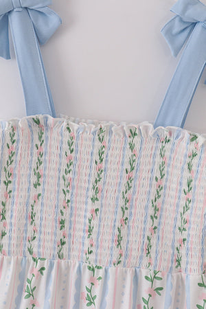 Blue floral print smocked women dress