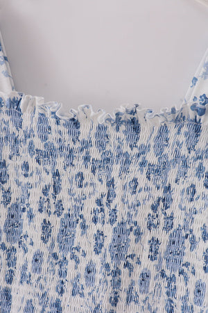 Blue smocked floral print mom dress