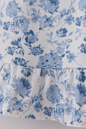 Blue smocked floral print mom dress