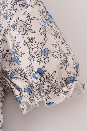 Blue vintage floral print tiered mom dress