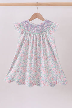Green Floral Smocked Dress