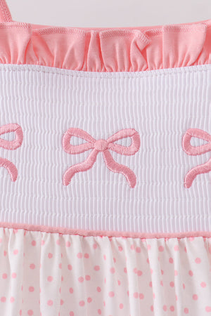 Pink bow smocked dot ruffle dress
