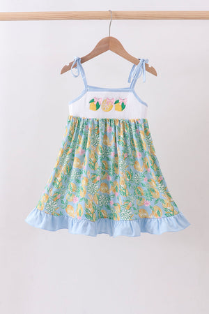 Green lemon smocked ruffle dress