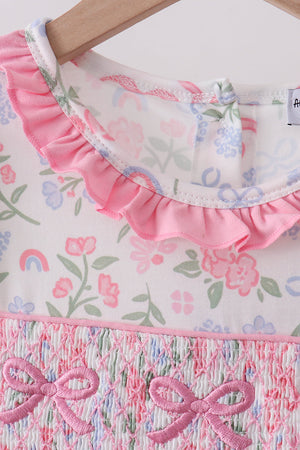 Pink floral bow smocked ruffle dress