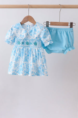 Blue rose smocked bloomer set
