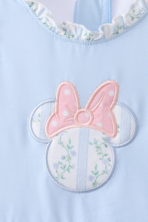 Blue character applique ruffle one-piece swimsuit
