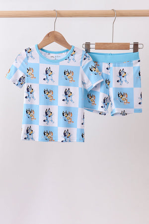 Blue character checkered bamboo pajama set