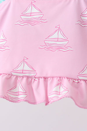 Pink sailboat print ruffle 2pc swimsuit