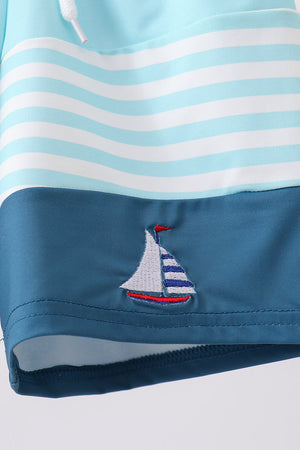 Blue stripe sailboat embroidery swim trunks