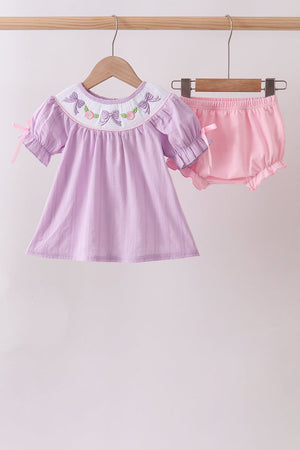 Lavender Smocked Embroidered Bow Jacquard Bloomer Set
