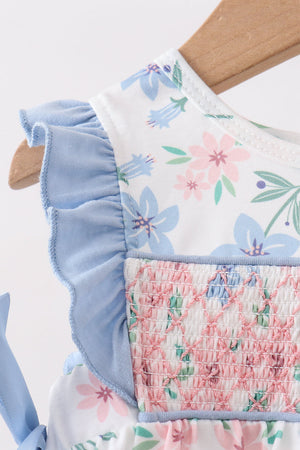 Blue Floral Smocked Ruffle Bubble