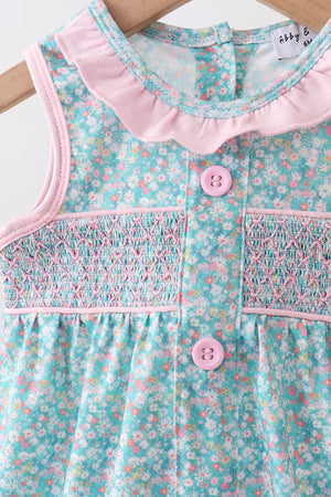 Green Floral Smocked Bubble
