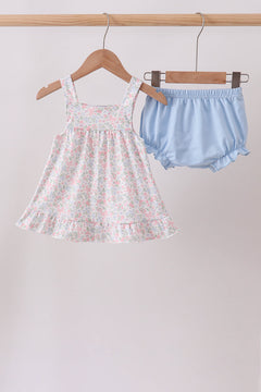 Blue Floral Print Ruffle Bloomer Set