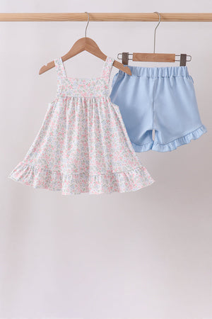 Blue Floral Print Ruffle Shorts Set