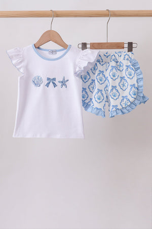 Blue Shells Embroidered Ruffle Shorts Set