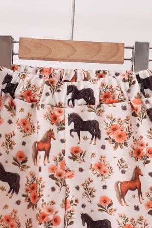 Khaki horse embroidery ruffle shorts set