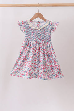 Blue Floral Smocked Ruffle Dress