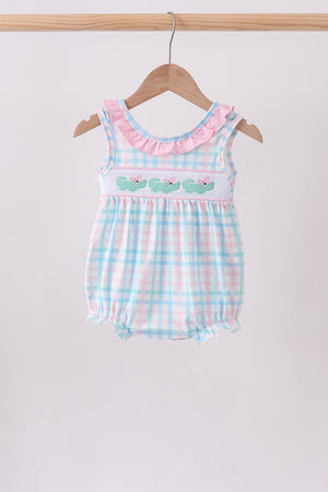 Pink Crocodile Smocked Gingham Bubble