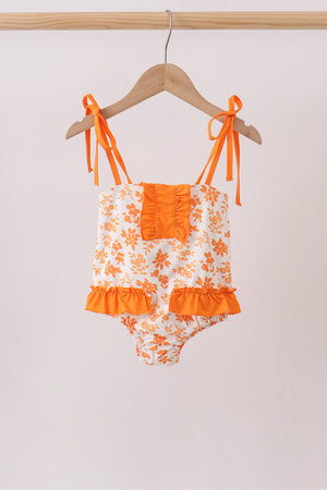 Orange Floral Print Ruffle Swimsuit