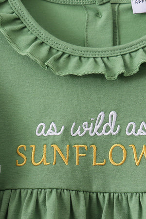 Green Sunflower Applique Ruffle Shorts Set