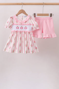 Pink Pumpkin Embroidery Ruffle Shorts Set