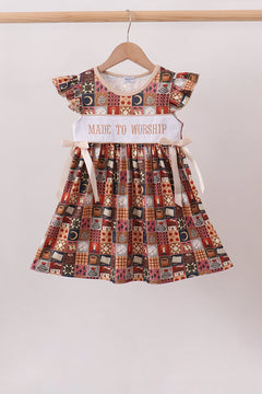 Brown Made to Worship Embroidery Ruffle Dress