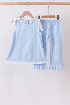 Blue Jacquard Lace Ruffle Pants Set