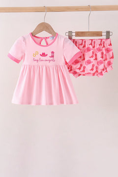 Pink Cowgirl Boots Embroidery Bloomer Set