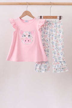 Pink Piggy Applique Ruffle Pants Set