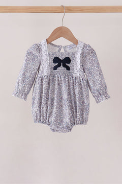 Navy Floral Bow Smocked Bubble
