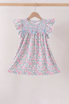 Blue Floral Smocked Ruffle Dress