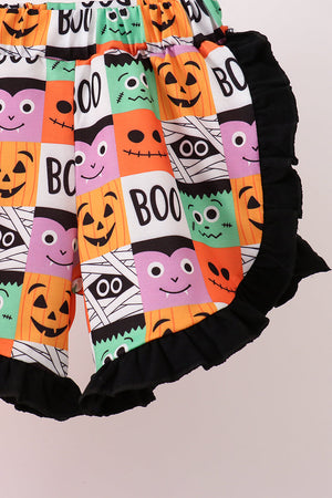 Orange Jack-O-Lantern Applique Ruffle Shorts Set