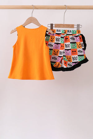 Orange Jack-O-Lantern Applique Ruffle Shorts Set