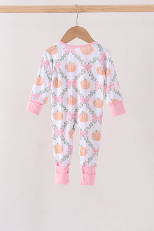 Pink Pumpkin Bow Bmaboo Zipper Romper