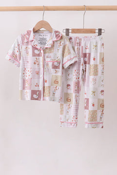 Pink Goose Bow Checkered Bamboo Pajama Set